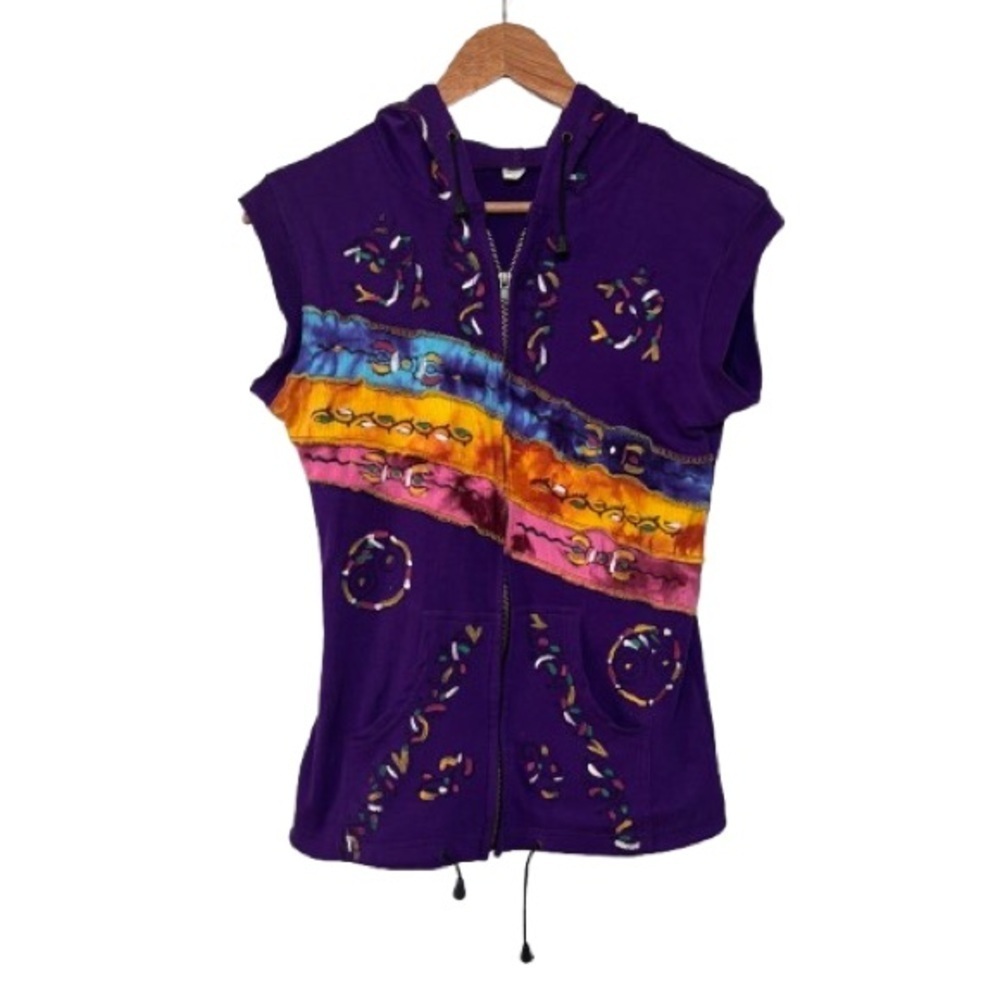 Hand-Painted 100% Cotton Hippie Bohemian Purple Zip Up Hooded Best Size L